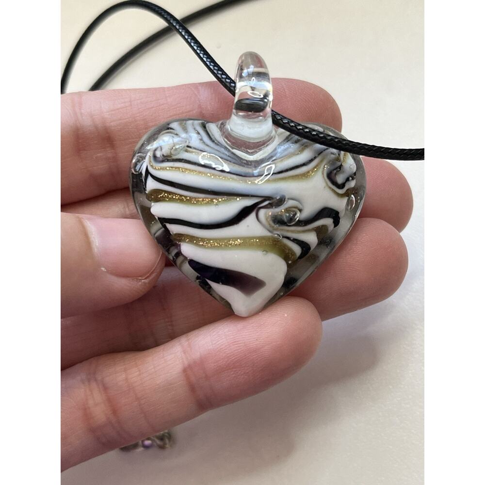 Hand Blown Art Glass Puffy Heart Pendant Clear with Black & Gold Swirls - Picture 4 of 6